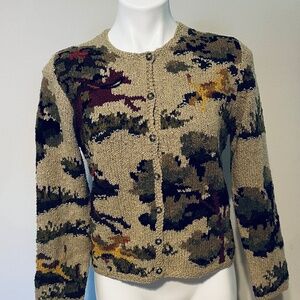 Vintage David Brooks Women Sweater Fox Hunt Horse Dog Knit Medium Button Up 1990